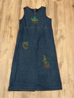 Vintage Blue J Embroidered Denim Midi Dress 100% Cotton Size Medium